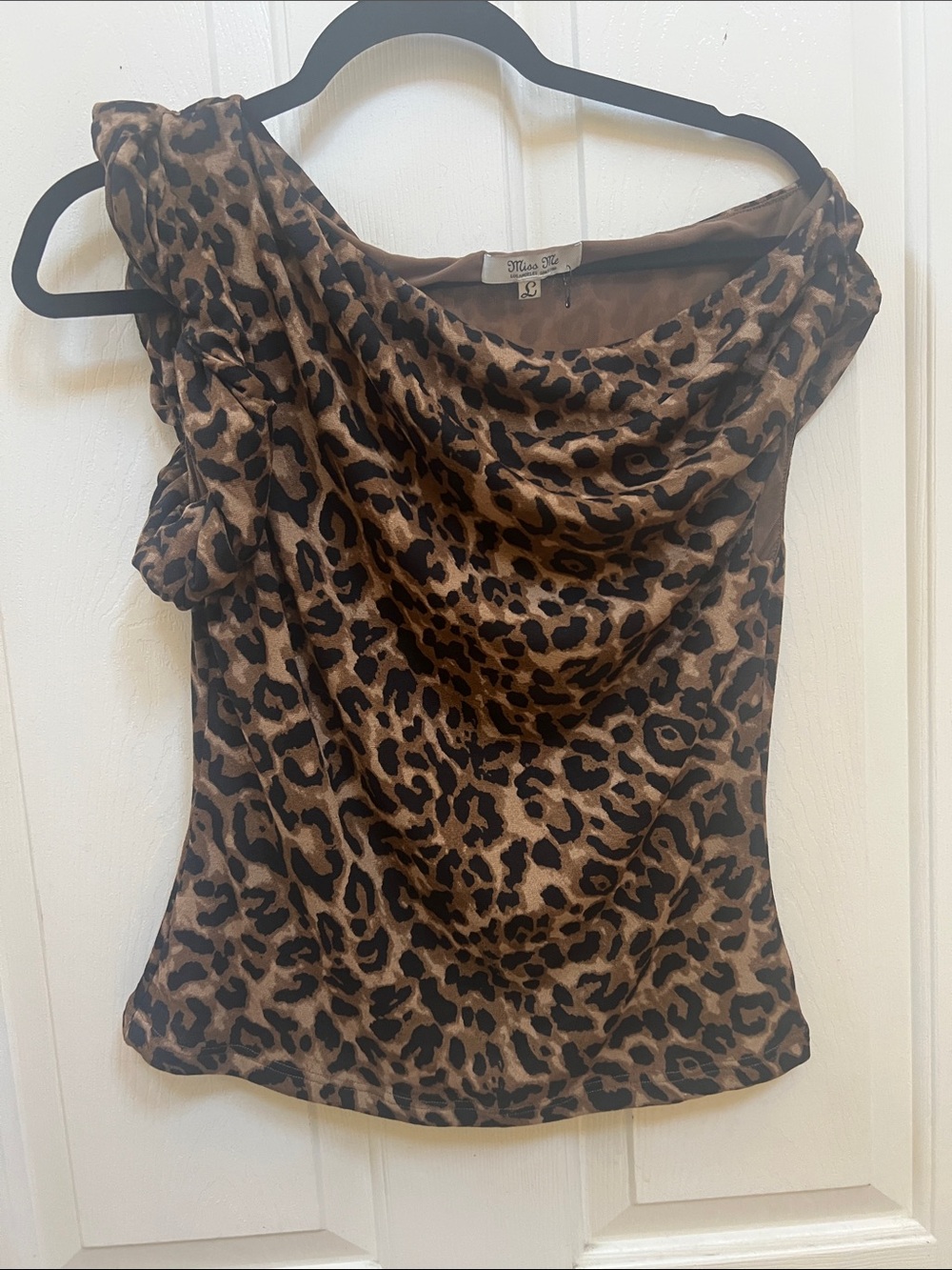 Miss Me Leopard Print One-Shoulder Cowl Neck Top in Brown and Black Size L NWOT